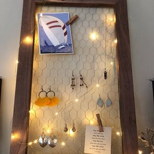 Large Jewelry frame, wood, gold chicken wire